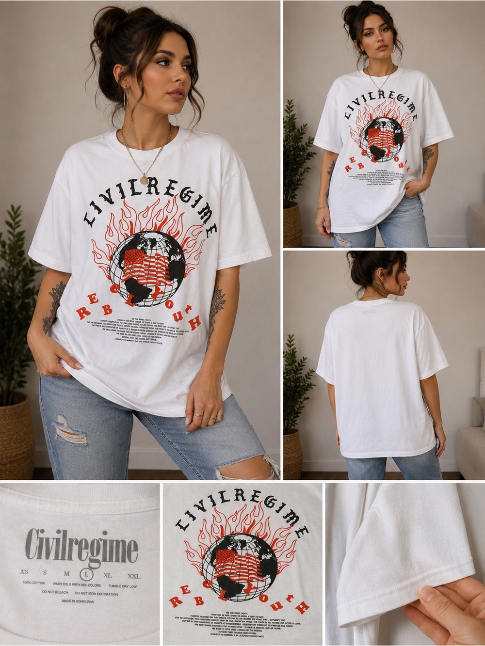 Civil Regime Rebel Youth Graphic T-Shirt Size L White Oversized Streetwear Tee